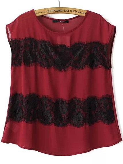 Romwe Red Eyelash Lace Chiffon Blouse