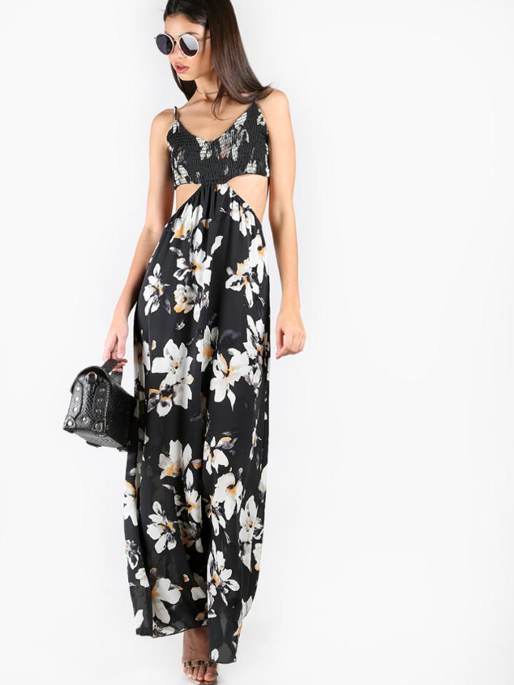 Romwe Smocked Bust Side Cutout Floral Cami Dress