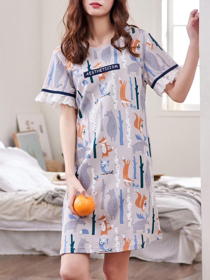 Romwe Lace Trim Fox Print Dress