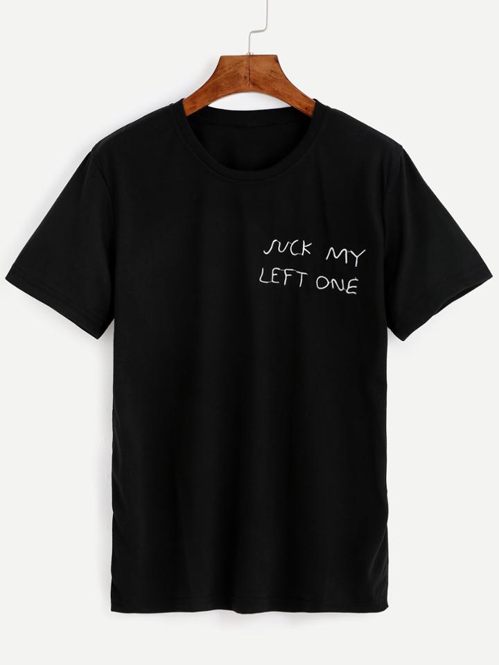 Romwe Black Letter Embroidered T-shirt