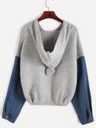 Romwe Contrast Dropped Shoulder Seam Pom Pom Hood Sweater