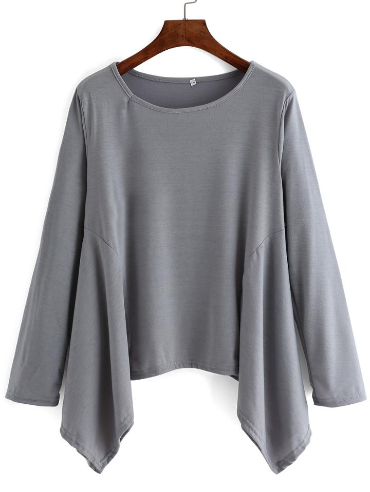 Romwe Long Sleeve Asymmetrical Grey T-shirt