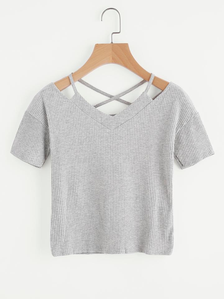 Romwe Cut Out Neck Criss Cross Back Ribbed Tee