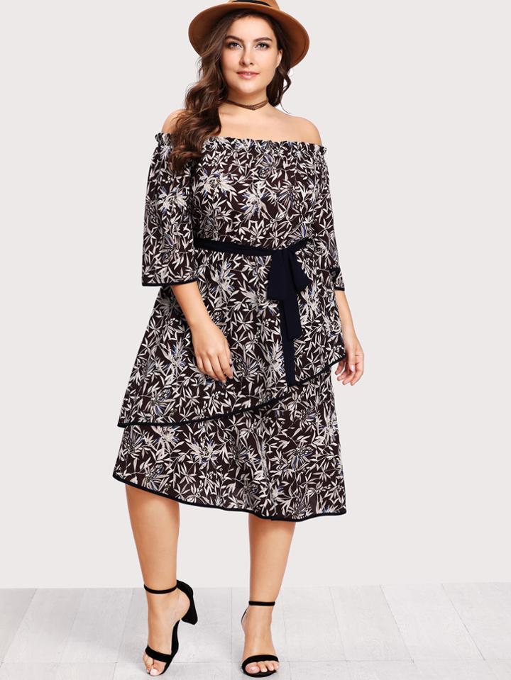 Romwe Self Belted Print Bardot Layered Dress