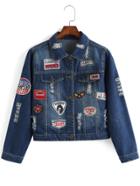 Romwe Lapel Ripped Patch Denim Blue Coat