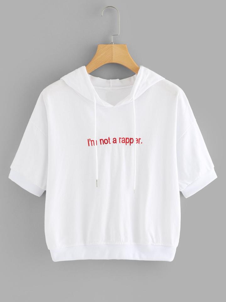 Romwe Slogan Embroidered Drawstring Hooded Tee