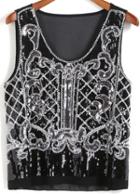 Romwe With Sequined Chiffon Black Tank Top