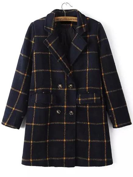 Romwe Lapel Plaid Double Breasted Pockets Long Navy Coat