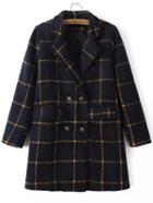 Romwe Lapel Plaid Double Breasted Pockets Long Navy Coat