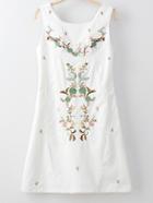 Romwe White Sleeveless Zipper Side Embroidery Dress