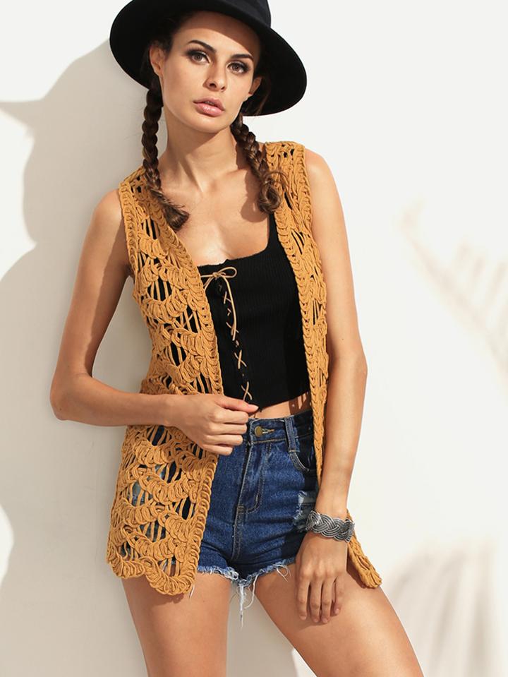 Romwe Yellow Crochet Hollow Out Sweater Vest