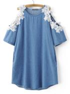 Romwe Blue Cold Shoulder Pockets Appliqued Dress