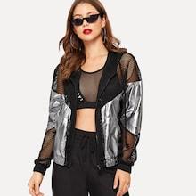 Romwe Fishnet Mesh Insert Metallic Panel Jacket
