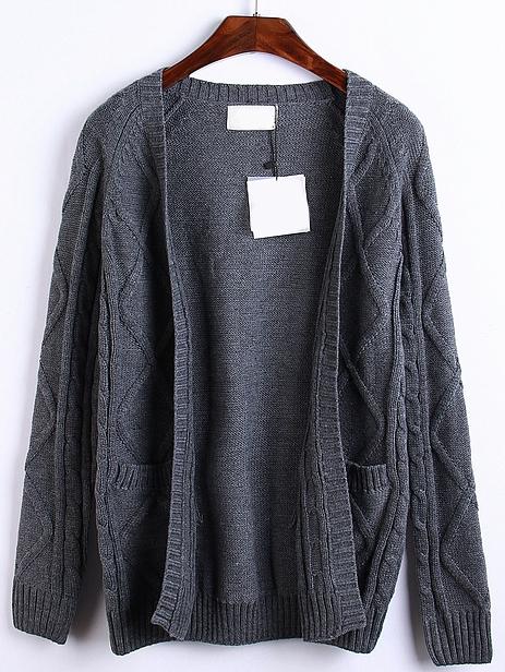 Romwe Long Sleeve Cable Knit Pockets Coat