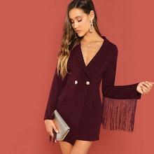 Romwe Fringe Trim Double Breasted Fitted Coat