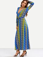 Romwe Deep V-neck Self-tie Multicolor Printed Long Dress