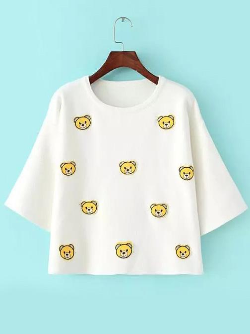 Romwe Bear Embroidered Patch White Sweater