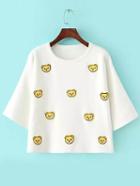 Romwe Bear Embroidered Patch White Sweater