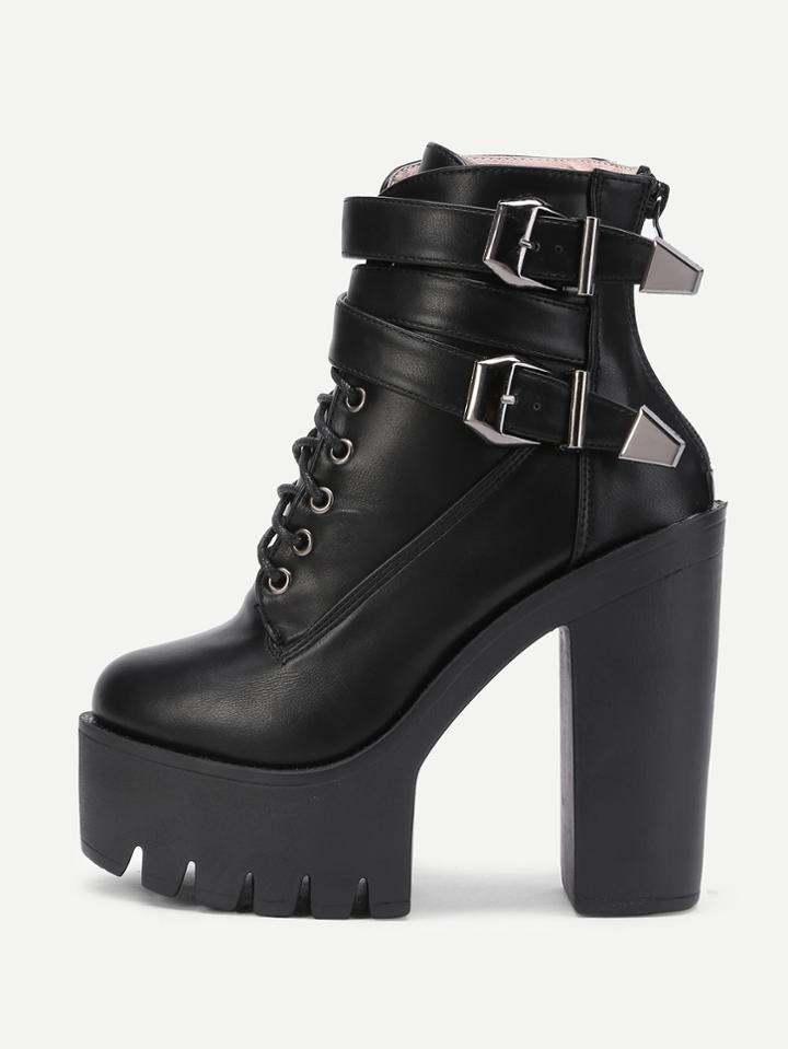 Romwe Buckle Decorated Lace Up Pu Platform Boots