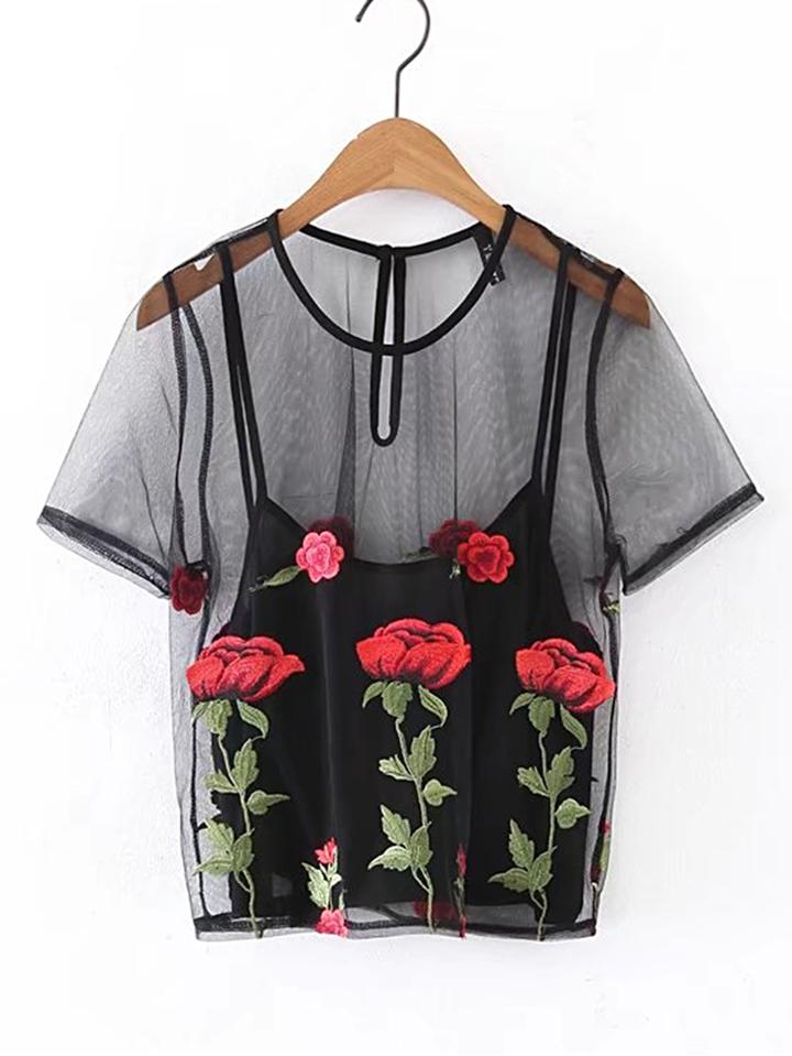 Romwe Cami Top With Embroidery Mesh Top