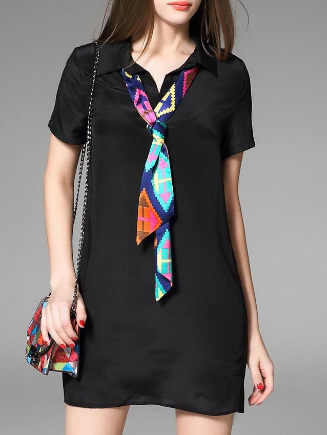 Romwe Black Tie Neck Shift Dress
