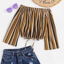 Romwe Striped Print Knot Front Blouse