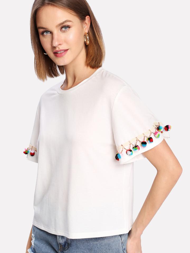 Romwe Pompom Detail Sleeve Tee