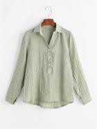 Romwe Green Crinkle Single Breasted Dip Hem Blouse