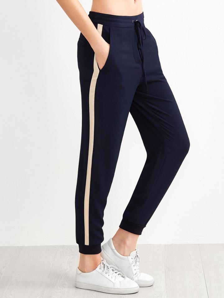 Romwe Navy Striped Side Seam Ribbed Hem Drawstring Pants