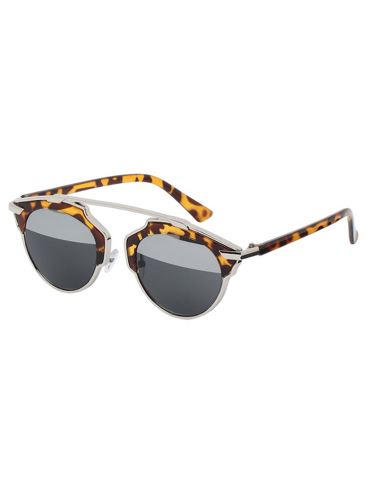 Romwe Brown Tortoise Frame Metal Trim Architectural Sunglasses