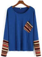 Romwe Contrast Sleeve Pocket Loose Blue T-shirt