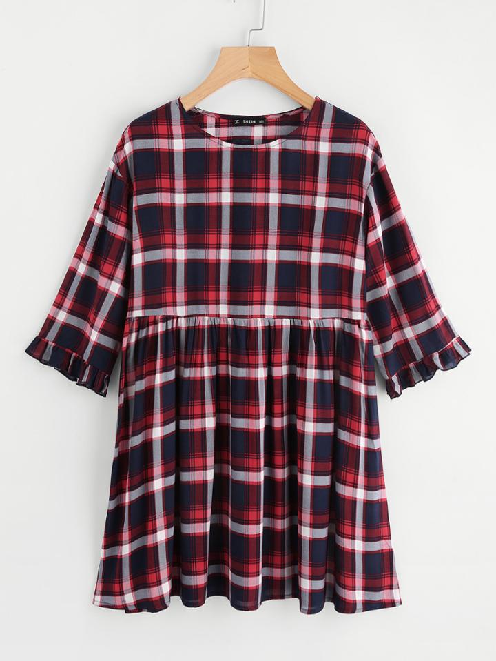 Romwe Frilled Sleeve Plaid Smock Dress