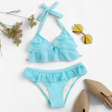 Romwe Ruffle Tie Back Halter Bikini Set