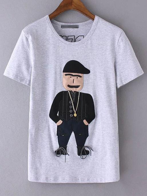 Romwe Grey Cartoon Embroidery Decorated T-shirt