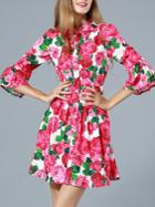 Romwe Red Lapel Length Sleeve Floral Print Dress