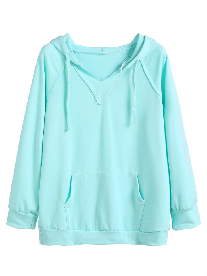 Romwe Sky Blue Drawstring Hooded Sweatshirt With Pocket