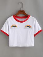 Romwe Contrast Trimmed Rainbow Patch Crop T-shirt