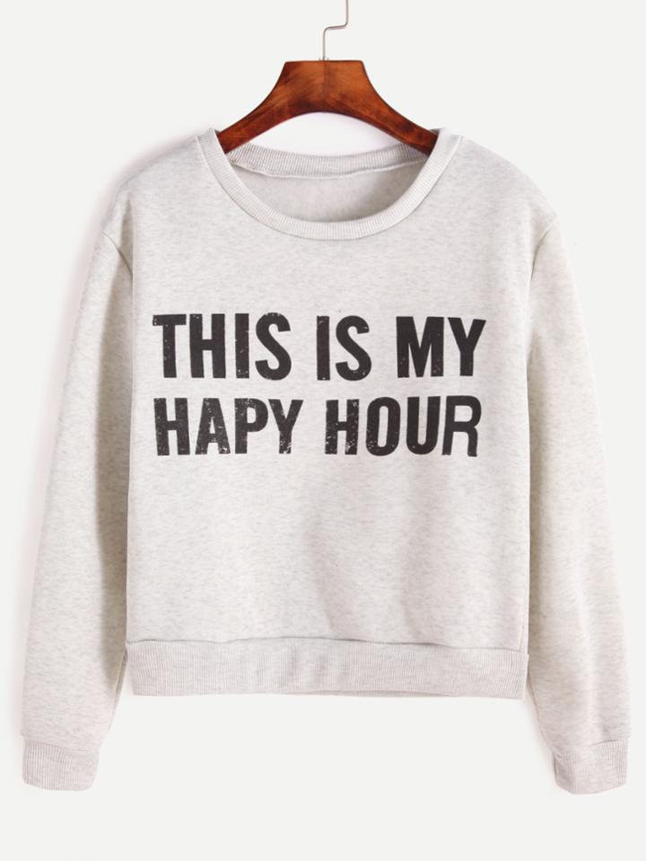 Romwe Pale Grey Letter Print Long Sleeve Sweatshirt