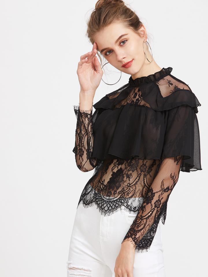 Romwe Contrast Lace Ruffle Trim Sheer Blouse
