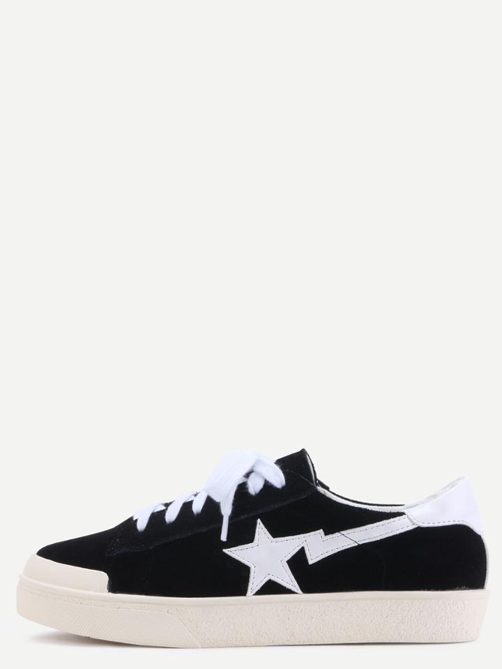 Romwe Black Suede Leather Star Patch Lace Up Low Top Sneakers