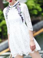 Romwe White Lapel Long Sleeve Embroidered Lace Dress