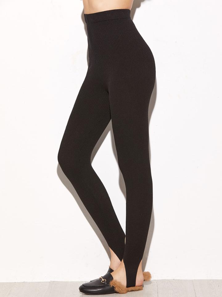 Romwe Black Ribbed Knit Stirrup Leggings