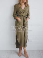Romwe Army Green Long Sleeve Pockets Split Maxi Dress