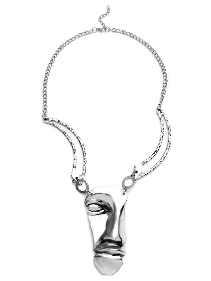 Romwe Antique Silver Half A Face Pendant Necklace