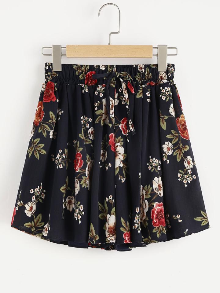 Romwe Floral Print Drawstring Waist Shorts