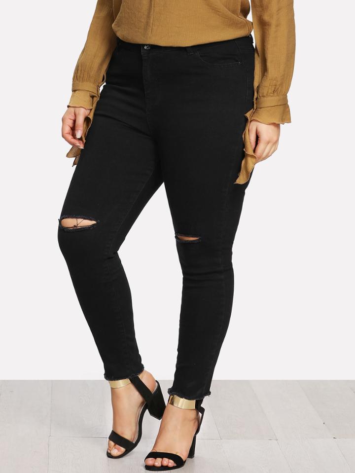 Romwe Raw Hem Knee Ripped Jeans