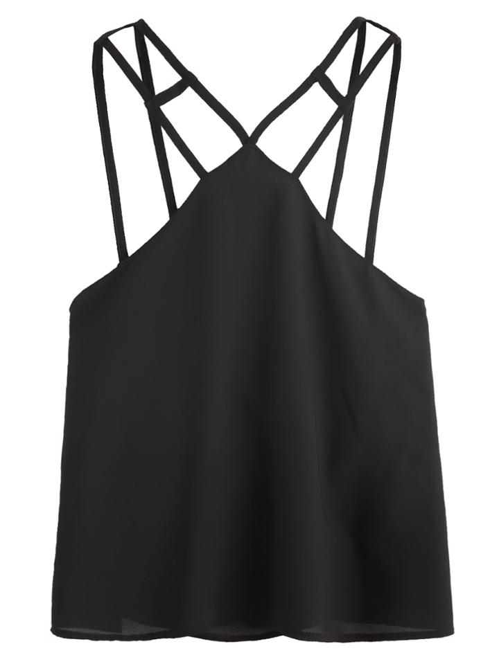 Romwe Black V Neck Layered Chiffon Cami Top