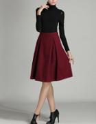 Romwe Burgundy High Waist Midi Woolen Skirt