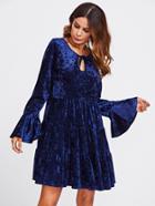 Romwe Keyhole Tie Neck Bell Cuff Tiered Velvet Dress