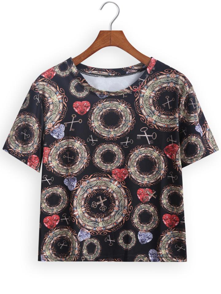 Romwe Key Print Red T-shirt